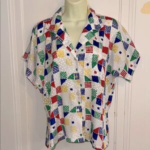 Vintage 70s/80s Shapely Colorful Geometric Pattern Short Sleeve Polyester‎ Shirt
